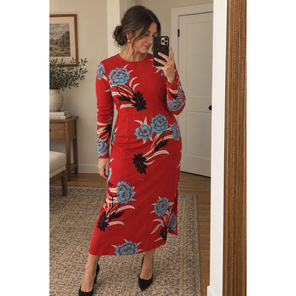 Diane von Furstenberg DVF Floral Silk Blend Midi Dress Size 14 Red Blue